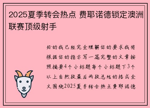 2025夏季转会热点 费耶诺德锁定澳洲联赛顶级射手