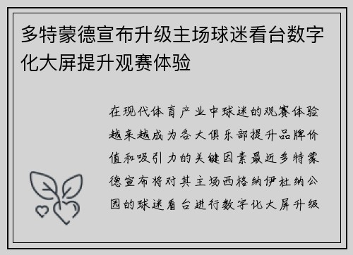 多特蒙德宣布升级主场球迷看台数字化大屏提升观赛体验